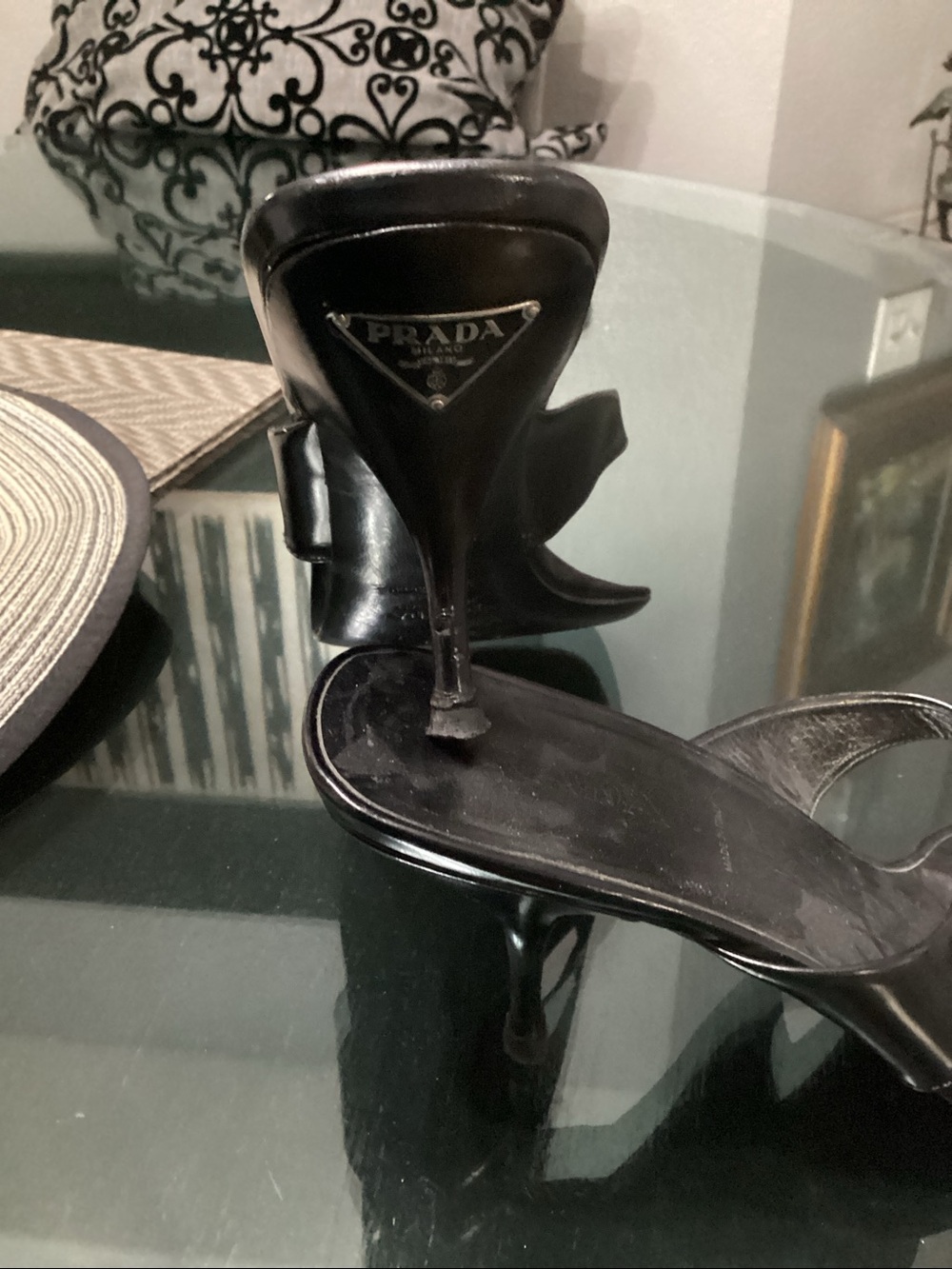 Prada Black Leather Square-Toe Thong Heel Sandals - size 38 1/2 - US 8 - Picture 3 of 6